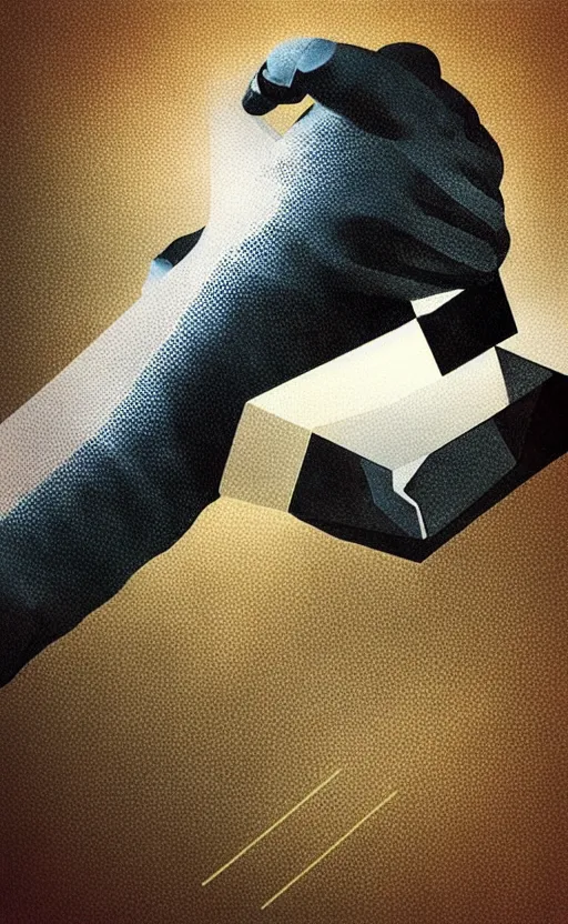 Image similar to “ hand in glove holding laser gun from the side, geometric, retro, digital art, award winning ”
