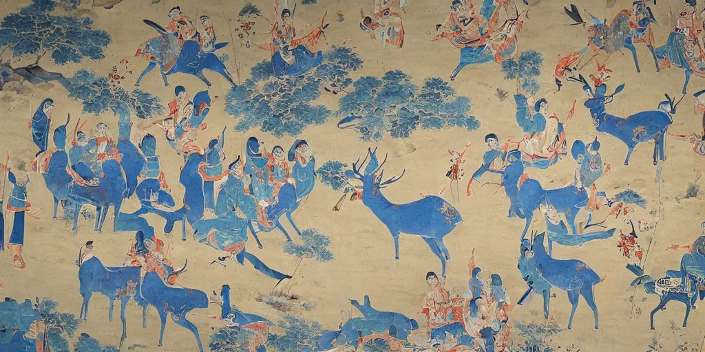 Prompt: beautiful dunhuang murals, blue, white deer