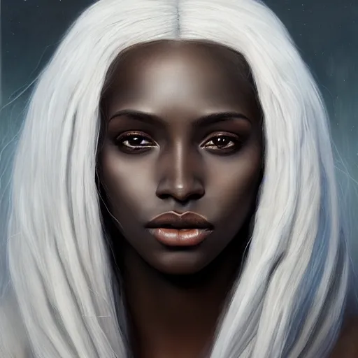 Image similar to a detailed matte oil on canvas head on symmetrical portrait of black skinned woman with!! long white hair!! and ( ( ( pale greenish ) ) ) hair, clothed by charlie bowater, lise deharme, wlop, trending on artstationhd, dungeons and dragons art critical role