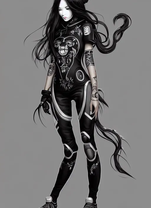 Prompt: full body portrait of long black hair girl within a streetwear. porcelain warforged, cynical face, concept art, character illustrations, intricate, highly detailed 8 k, smooth, matte, sharp focus, rim light, beautiful and aesthetic shape of face and body, artgerm, artstation, art by nira