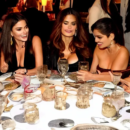 Image similar to candid group photo of sofia vergara, and salma hayek, and penelope cruz, and catherine zeta jones, and eva mendes, sitting around a long table at a dinner, laughing