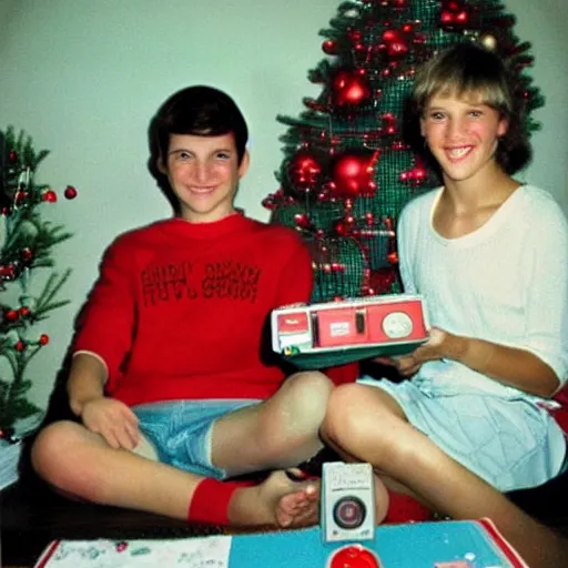 Image similar to christmas morning photo 1 9 8 6 of a typical 1 9 8 0 ’ s teenager after opening their new nintendo game system