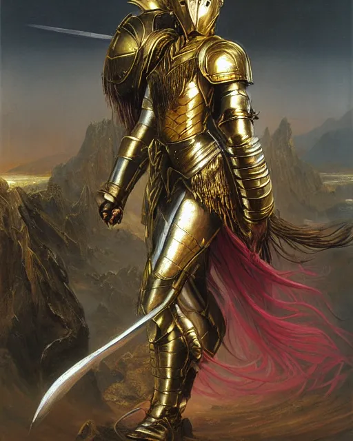 Image similar to beautiful female warrior, half body portrait, long flowing hair, heavy gold armour, realistic oil painting by thomas cole and wayne barlowe