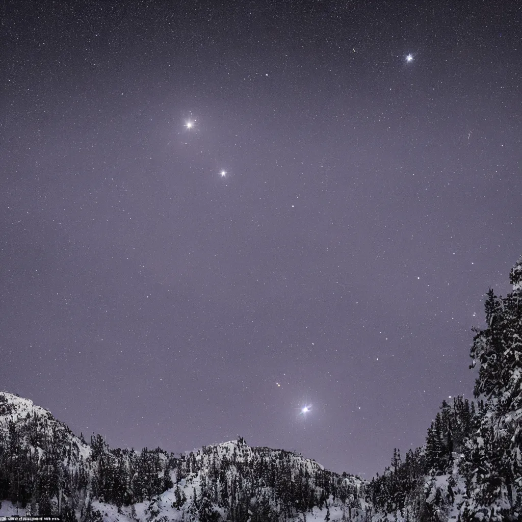 Image similar to A forested valley surrounded by snow-capped mountains at night, a ringed red gas giant in the sky, brightly-lit, no clouds