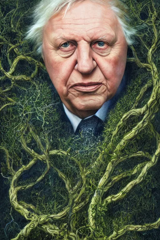 Image similar to intricate stunning highly detailed portrait of sir david attenborough, 🌱, by agostino arrivabene and vladimir kush, surreal, digital painting, ultra realistic, dramatic lighting, twisted vines, lush plants, pristine water, artstation