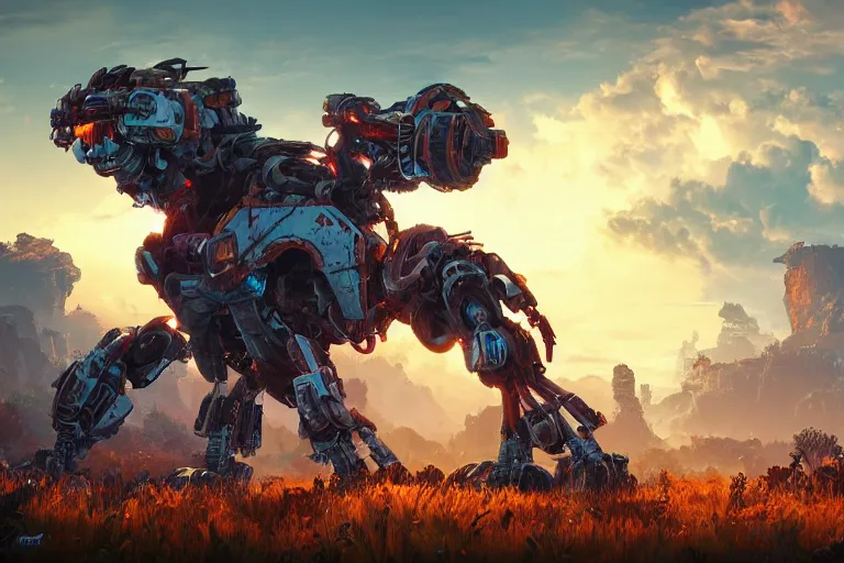 Image similar to thunderjaw machine mecanical creature robot of horizon forbidden west horizon zero dawn radiating a glowing aura global illumination ray tracing hdr fanart arstation by ian pesty and alena aenami artworks in 4 k