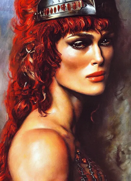 Image similar to Portrait of Keira Knightley as Red Sonja, painted by Frank Frazetta, highly detailed, 8k