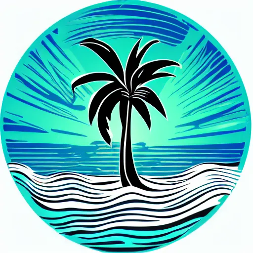 Prompt: waves in bottom front of a palm tree in front of a giant stylized volleyball vector logo, professional sports style, flat colour, svg, professional, sharp edges