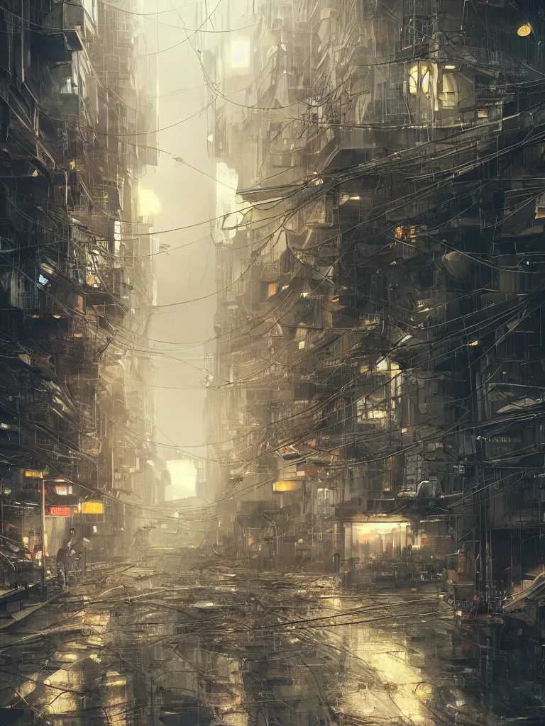 Image similar to futuristic diselpunk street, hanging cables, narrow, garbage on the ground. rain. fog, haze, evening. led screens. golden hour. volumetric lighting. cables on the ground. very messy. futuristic. photorealistic. artstation. anime. studio gimbli style