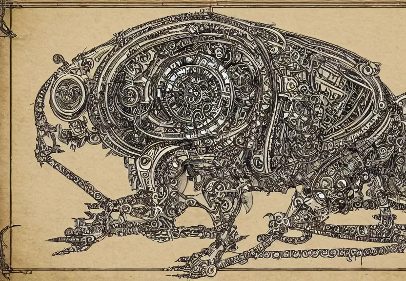 Image similar to small schematic blueprint of highly detailed ornate filigreed convoluted ornamented elaborate cybernetic rat, centered composition, wide angle, zoomed out, art by da vinci