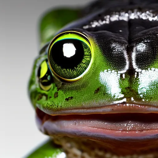 Prompt: closeup of a frog with the eyes of a house - fly, creature hybrid, high resolution photo, trending on artstation, 8 k