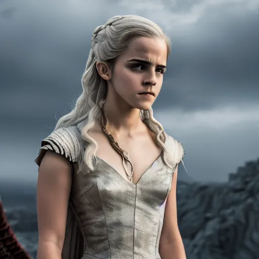 Image similar to Emma Watson as Daenerys Targaryen, XF IQ4, f/1.4, ISO 200, 1/160s, 8K, Sense of Depth, color and contrast corrected, AI enhanced, HDR, in-frame