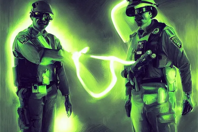 Image similar to Extremely funny portrait of a glowing translucent body glowing male police officer wearing cool shades. Green fluorescent aura around the officer, wide angle, magic, green fire, darkness, dramatic lighting, Africa, intricate, wild, highly detailed, digital painting, artstation, concept art, smooth, sharp focus, illustration, art by artgerm and greg rutkowski and alphonse mucha, footage from space camera