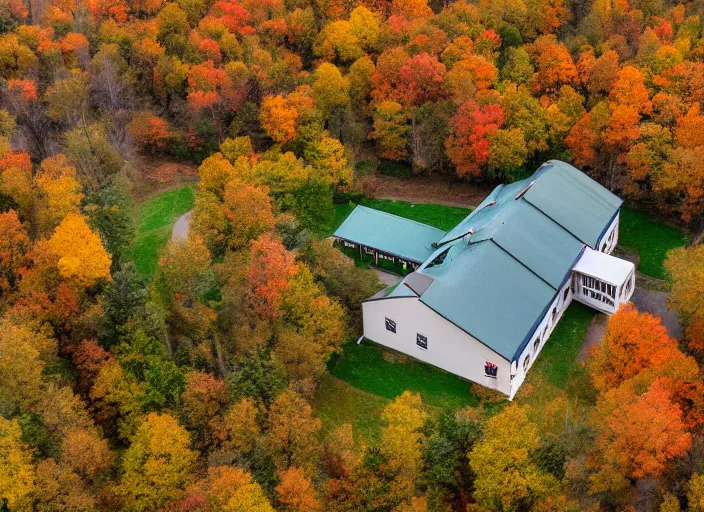 Image similar to low drone shot of a ranch style School in the middle of the Woods during autumn