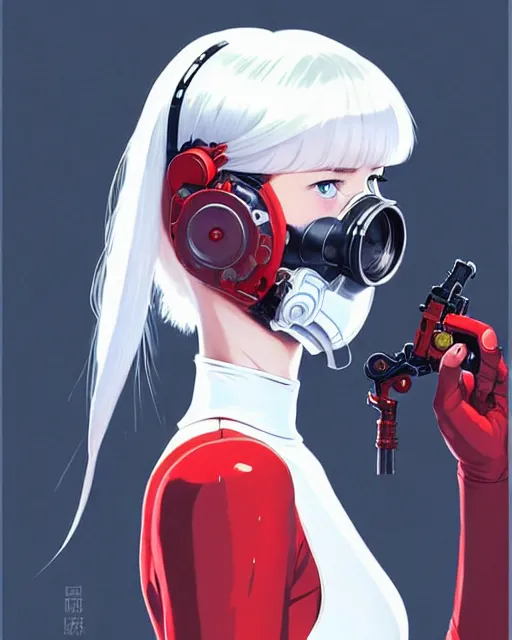 Image similar to white haired cyborg girl wearing a gas mask and red dress | | audrey plaza, fine detail!! anime!! realistic shaded lighting!! poster by ilya kuvshinov katsuhiro otomo ghost - in - the - shell, magali villeneuve, artgerm, jeremy lipkin and michael garmash and rob rey