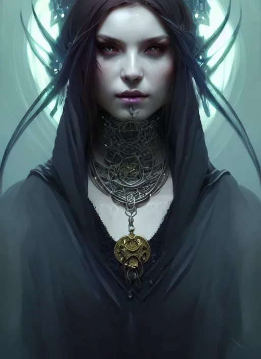 Image similar to Necromancer Sorceress, fantasy magic, undercut hairstyle, dark light night, intricate, elegant, sharp focus, illustration, highly detailed, digital painting, concept art, matte, art by WLOP and Artgerm and Greg Rutkowski and Alphonse Mucha, masterpiece