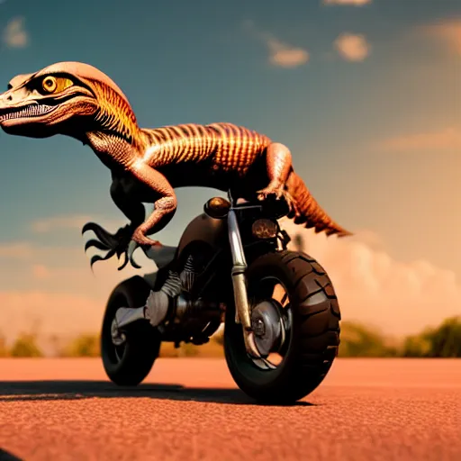 Prompt: a velociraptor driving a motorbike, photorealistic 3 d octane render, unreal engine