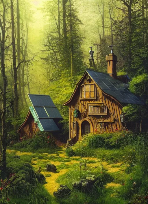 Image similar to hyper realistic witch cottage with solar panels with happy lighting and technology in the woods gorgeous lighting, sunbeams blue sky, lush forest foliage painting by zdzisław beksinski and norman rockwell and greg rutkowski weta studio, and lucasfilm