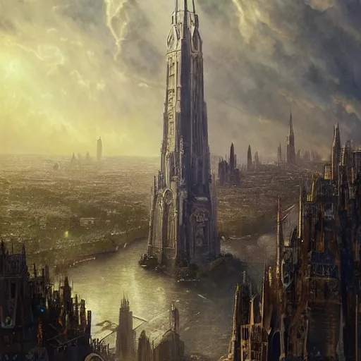 Image similar to an ultra detailed tarot card of a lonely and impossibly tall ominous gothic dark tower elevated high above the city, in a river elevated high above the city, fantasy capital city, ultrawide lense, aerial photography, volumetric lighting, exquisite detail, 8 k, art by greg rutkowski and alphonse mucha