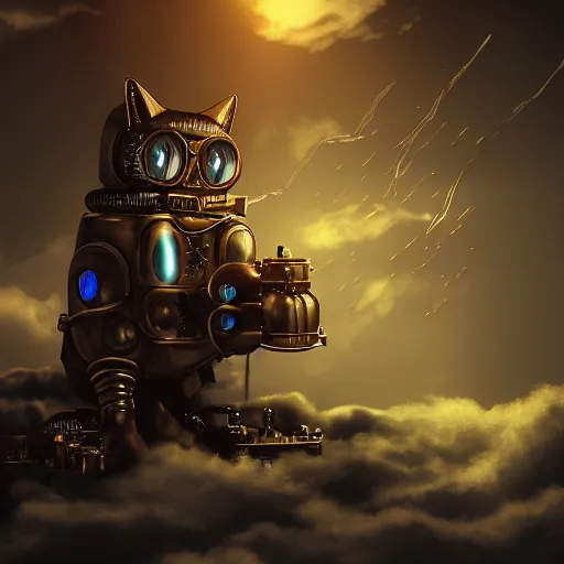 Image similar to a steampunk robotic cat, retro, steam, extremely detailed, particles, cinematic lighting, anime, clouds, sky, lush, beautiful,