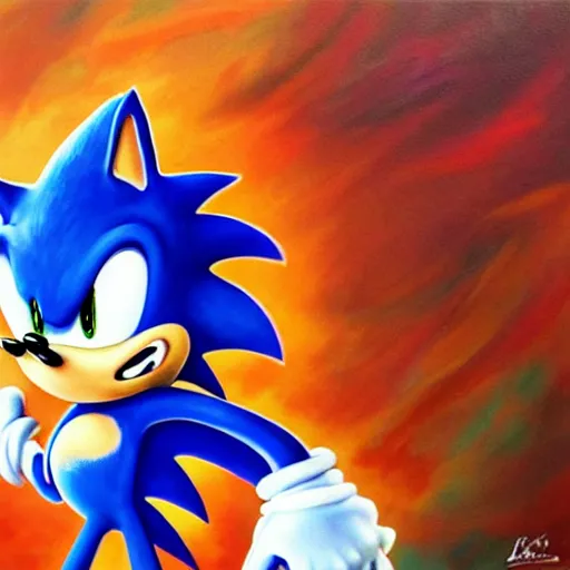 Image similar to Beautiful breathtaking painting of Sonic with a chilidog.