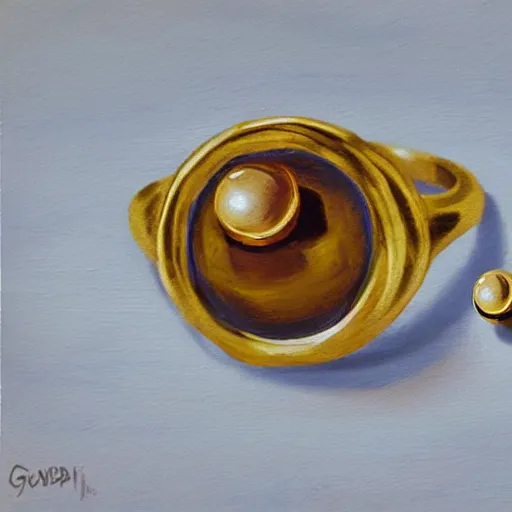 Image similar to a dnd golden wedding ring with three small glowing orbs in the center of its face, oil painting