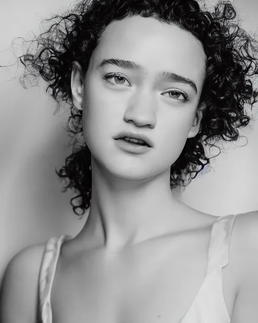 Prompt: photo of a model, julia garner, wearing a white dress, black hair, beauty, full body portrait, greg kutkowski, sharp details, soft lighting, subsurface scattering, pearls of sweat, glistening skin, warm lighting