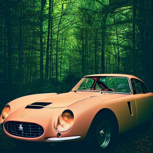 Image similar to ferrari 2 5 0 in the forest, night, headlights are on, professional photography, vaporwave