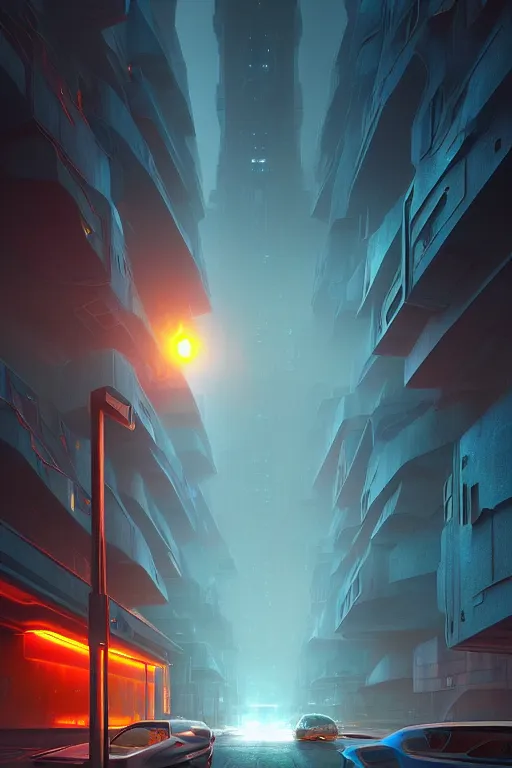 Image similar to emissary futuristic citys with orange lasers lighting the street, windows lit with blue hue, stone marble sculptures, by tim blandin and arthur haas and bruce pennington and john schoenherr, cinematic matte painting, zaha hadid building, photo realism, dark moody color palate, blue hour stars, desolate alaskan landscape,