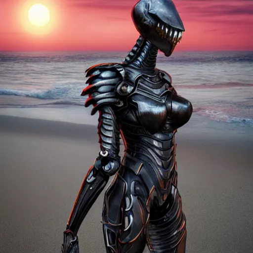 Image similar to cinematic body shot, realistic detailed stunning beautiful armored humanoid anthropomorphic female robot dragon, looking to the side with an elegant pose of hand on hip, smooth and streamlined armor and design made of steel, sharp claws and sharp teeth, high quality head, Slick LEDs, on the beach during sunset, high quality, cinematic art, sci fi, sunset lighting, 3D render, 8k, artstation, deviantart, furaffinity