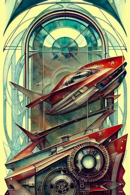 Image similar to ( ( ( ( ( 1 9 5 0 s retro future intricate machine spaceship large window. muted colors. art nouveau ) ) ) ) ) by jean baptiste monge!!!!!!!!!!!!!!!!!!!!!!!!! chrome red