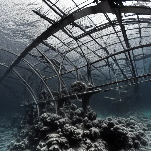 Image similar to an underwater photograph of a rusty complex underwater structure, submechanophobia,