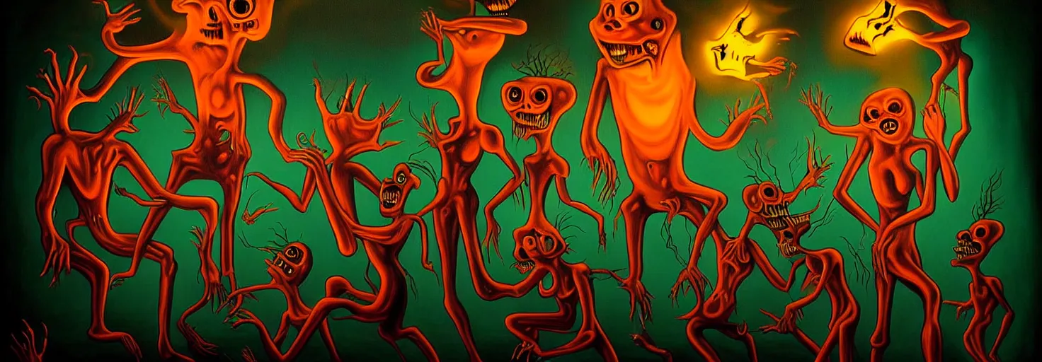 Image similar to visceral freaky obsessive monsters from the darkest depths of collective unconscious, dramatic glowing lighting, 1 9 3 0 s fleischer cartoon characters, wild emotional expressions - surreal painting by ronny khalil