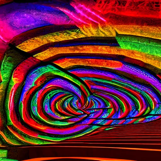 Image similar to underground cinema, psychedelic, colorfull lights, fractals, godrays