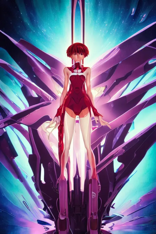 Image similar to beautiful full length movie poster for End of Evangelion unit 01 as a glowing mechanic god, like blackpink lisa+smoky eyes+front face l, ultradetail face, art and illustration by tian zi and craig mullins and WLOP and alphonse mucha, fantasy, intricate complexity, human structure, human anatomy, fantasy character concept, watermark, blurry, hyperrealism 8k