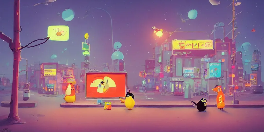 Prompt: cute cartoon penguin drinking tea at night in front of neon billboard by goro fujita and simon stalenhag and wes anderson and alex andreev and chiho aoshima and beeple and banksy and kandinsky and magritte and basquiat and picasso, 8 k, trending on artstation, hyper detailed, cinematic