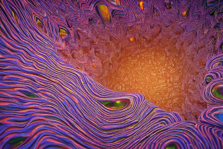 Image similar to a trippy illustration of interleaved rolls of metallic plasticine melded together into fractals enclosed by a crystalline dome. dmt, machine elves, 8 k, octane render