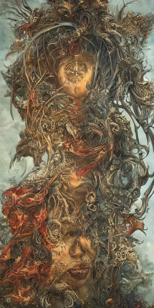 Image similar to A beautiful detailed sun god tarot card frame super realistic illustration of 2D render, by tomasz alen kopera and Justin Gerard, symmetrical features, ominous, magical realism, texture, intricate, ornate, royally decorated, skull, skeleton, whirling smoke, embers, red adornements, red torn fabric, radiant colors, fantasy, trending on artstation, volumetric lighting, micro details, 3d sculpture, ray tracing, 8k, anaglyph effect