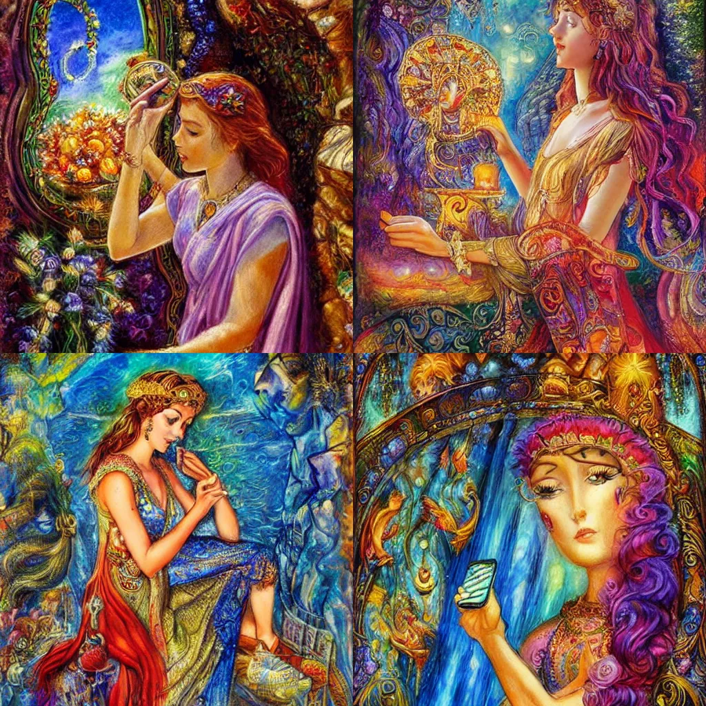 Image similar to goddess checking her phone, by josephine wall