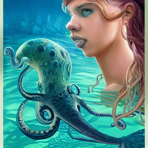 Image similar to lofi underwater mermaid portrait of scarlett johansson in swimsuit with a giant octopus, Pixar style, by Tristan Eaton Stanley Artgerm and Tom Bagshaw.