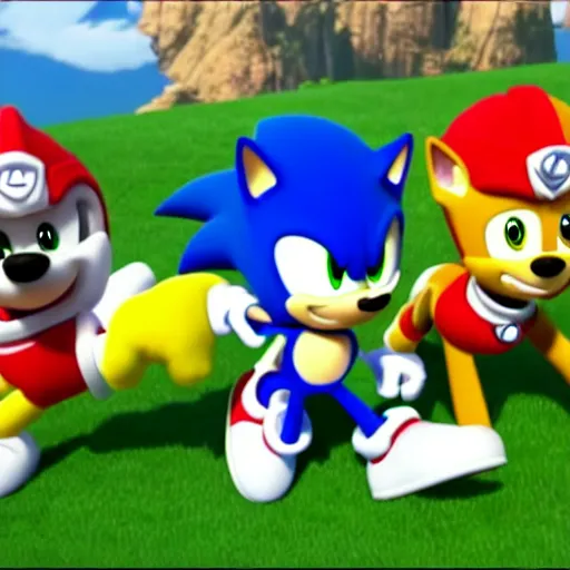 Image similar to sonic with the paw patrol crossover episode, cartoon network stillframe, good looking, hd, 4 k, hdr, smooth, sharp focus, high resolution, award - winning