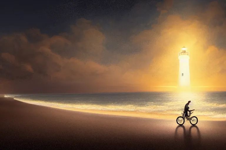 Image similar to photo of man riding a bicycle along the beach that is lit by glowing organisms underwater toward a lighthouse in the distance, wide horizon, large white clouds, intricate, elegant, highly detailed, digital painting, artstation, concept art, smooth, sharp focus, illustration, art by artgerm and greg rutkowski and fra angelico