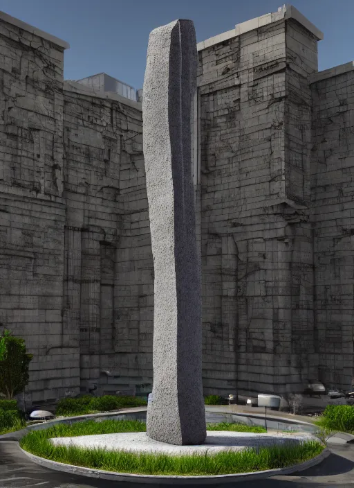 Image similar to highly detailed realistic architecture 3 d render of a stele sculpture in frank gahry style standing near a highway, archdaily, made in unreal engine 4 octane render