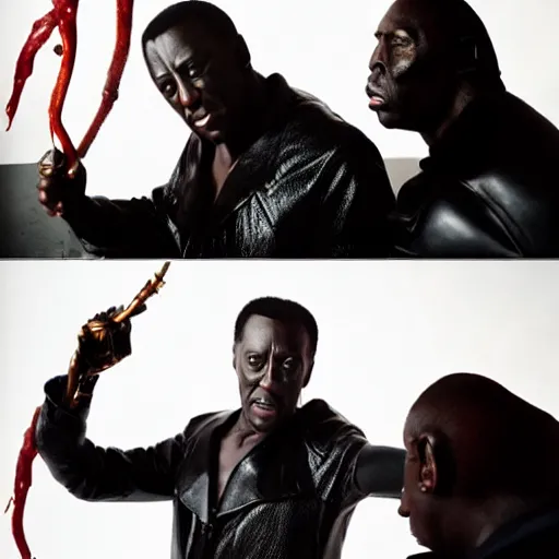 Prompt: Photoshoot of Wesley Snipes as Blade and Christopher Lee as Dracula in the Style of Annie Leibovitz, Studio Lighting