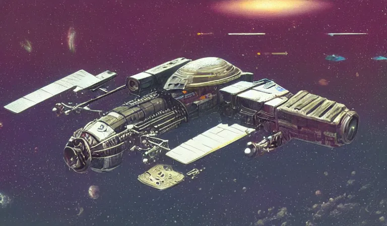 Prompt: a diesel punk spaceship in orbit of the earth, in the style of John Harris and John Berkey