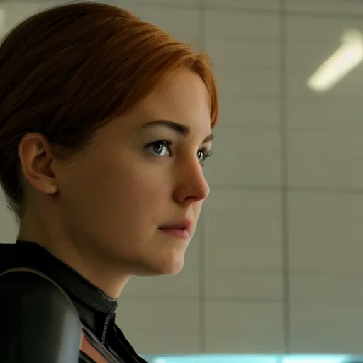 Image similar to A still of Shailene Woodley as Black Widow in Iron Man 2 (2010), close-up