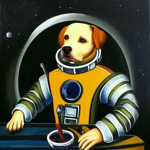 Prompt: a beautiful painting, dog in a space suite, by william shakespeare, long shot