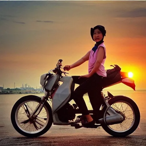 Image similar to “buzz cut, Vietnamese girl riding a motorbike through the city, photograph, beautiful, sunset”