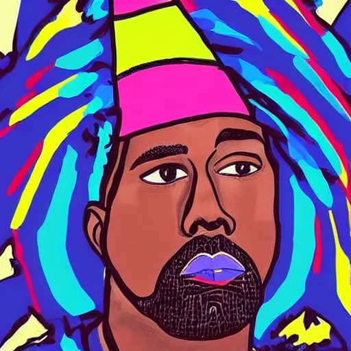 Prompt: illustration of kanye west wearing a birthday hat, colorful, artistic, vibrant, high fashion, art