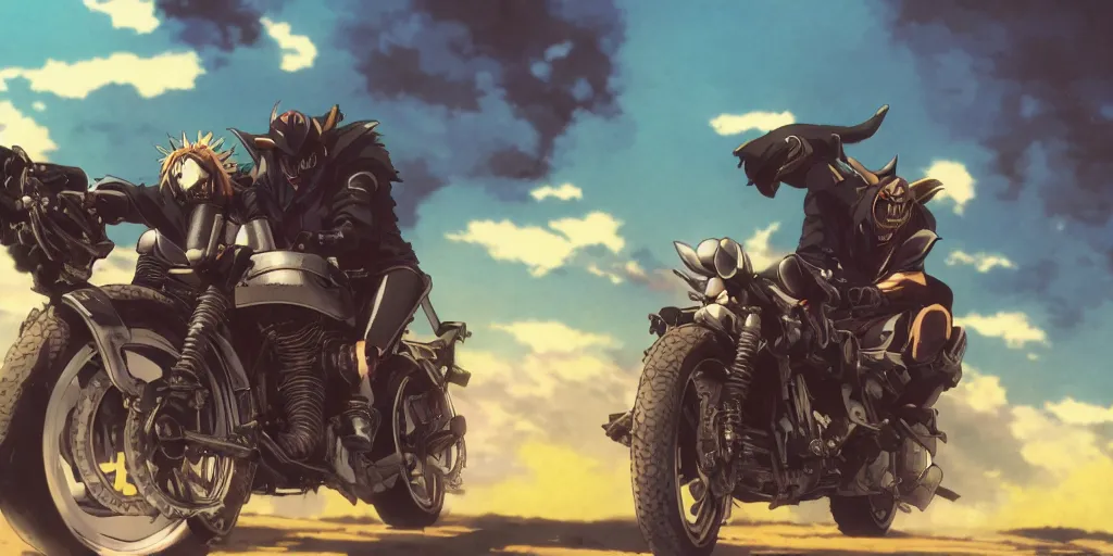 Prompt: high quality anime movie still, motorcycle, action shot of an orc popping a wheelie on a motorcycle, menacing orc, clear focused details, apocalyptic, studio ghibli, miyazaki, anime style